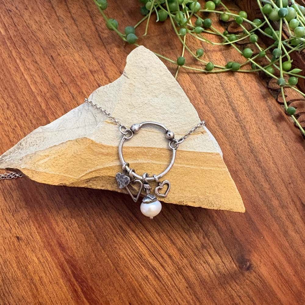 Sterling Silver Heart Pearl Ring Charm Necklace .925 18”
